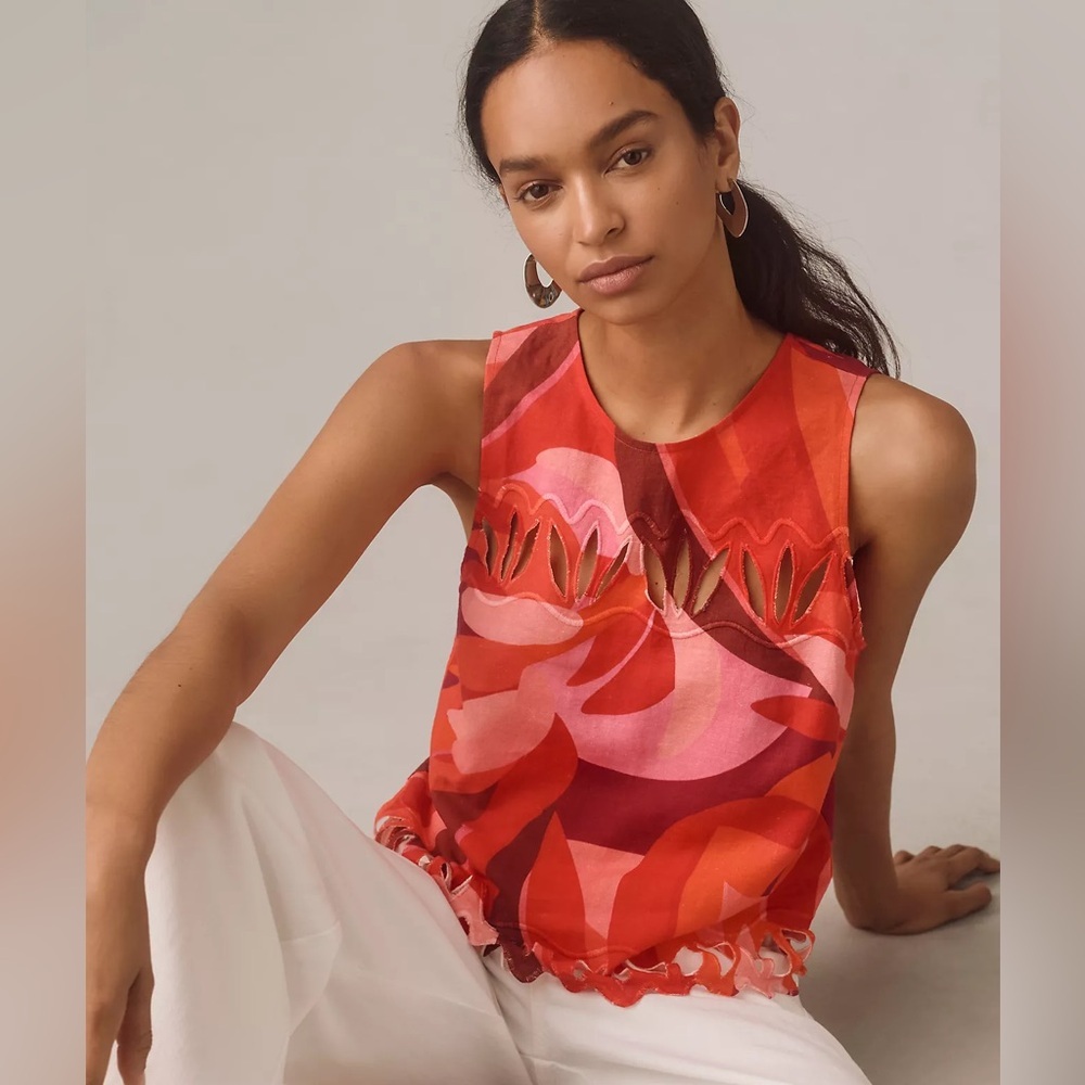 FARM Rio Red and Pink Sleeveless Scalloped Hem Blouse - Picture 4 of 4